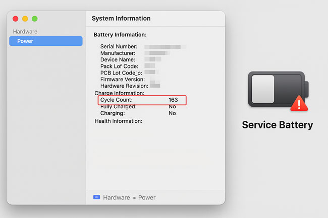 Tampilan system report macOS memperlihatkan status baterai dan cycle count macbook.