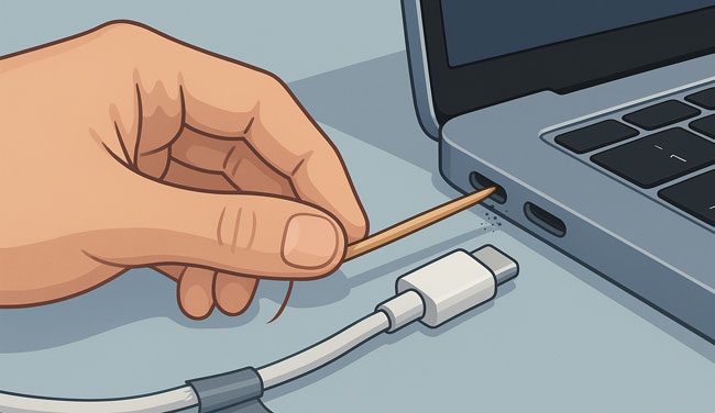 Pemeriksaan kabel charger Macbook dan port kotor penyebab macbook tidak bisa charging.
