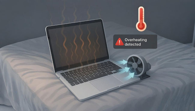 Macbook overheating di atas kasur membuat pengisian daya gagal atau terhenti.