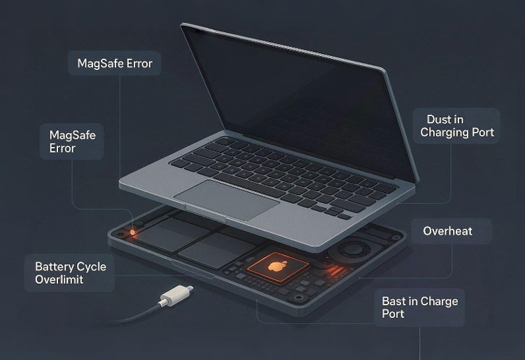 Penyebab umum Macbook tidak mau charge, seperti overheat, baterai rusak, dan port kotor.