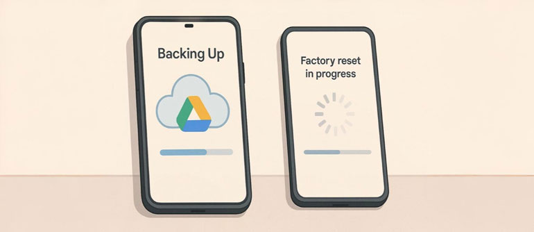 Gambar dua smartphone, satu melakukan backup ke cloud dan satu lagi proses factory reset untuk mengatasi masalah WiFi.