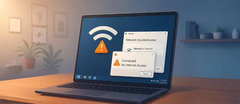 Gambar solusi lengkap untuk masalah jaringan WiFi tidak bisa internet di Windows 11 dan Windows 10.