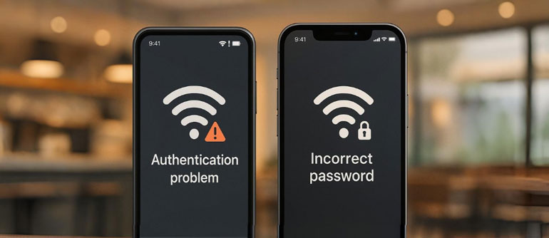 Ilustrasi smartphone Android dan iPhone gagal terhubung ke WiFi karena masalah autentikasi password.