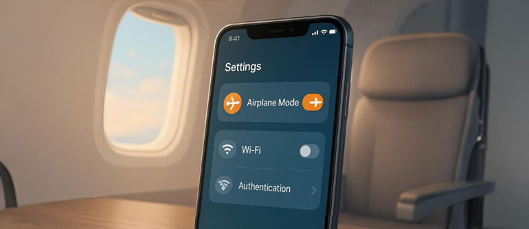 Gambar kontrol smartphone dengan mode pesawat aktif yang memblokir jaringan WiFi.