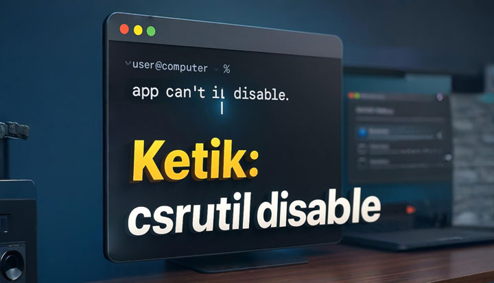 Mac Terminal dengan perintah csrutil disable sedang diketik, langkah penting dalam tutorial disable SIP MacOS.
