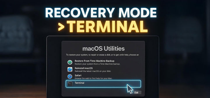 Tampilan recovery mode di macOS dengan jendela Utilities terbuka dan opsi Terminal disorot untuk menjalankan perintah csrutil disable.