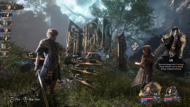 Gameplay screenshot of Gustave and Lune fighting a giant stone monster