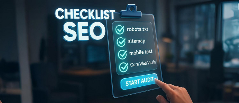 Ilustrasi checklist audit SEO teknis dan konten untuk pemula