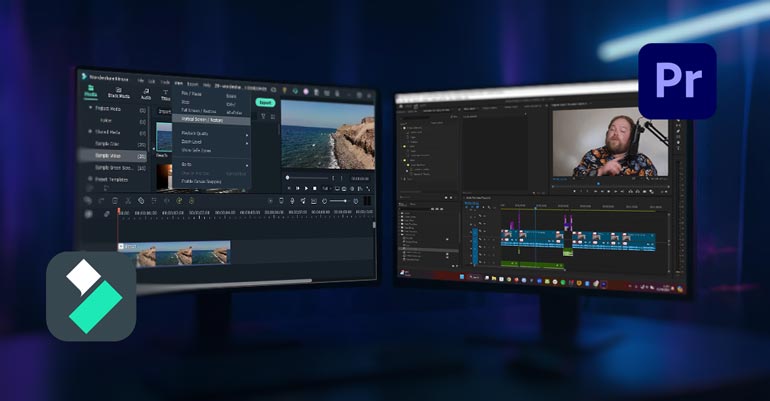 Perbandingan tampilan user interface Filmora dan Premiere Pro untuk editing video