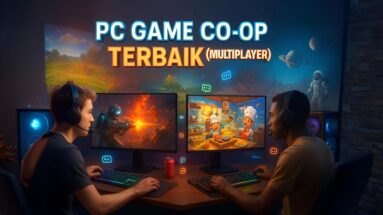 14 Game PC co-op terbaik multiplayer online dengan dua gamer bermain di setup PC RGB, layar split-screen menampilkan game.
