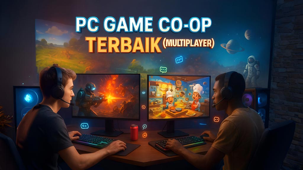 14 Game PC co-op terbaik multiplayer online dengan dua gamer bermain di setup PC RGB, layar split-screen menampilkan game.