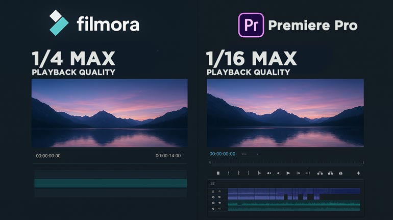 Perbedaan kualitas playback dan preview di Filmora dan Premiere Pro