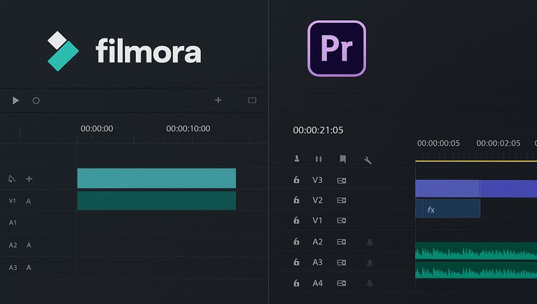 Perbandingan timeline editing antara Filmora dan Premiere Pro