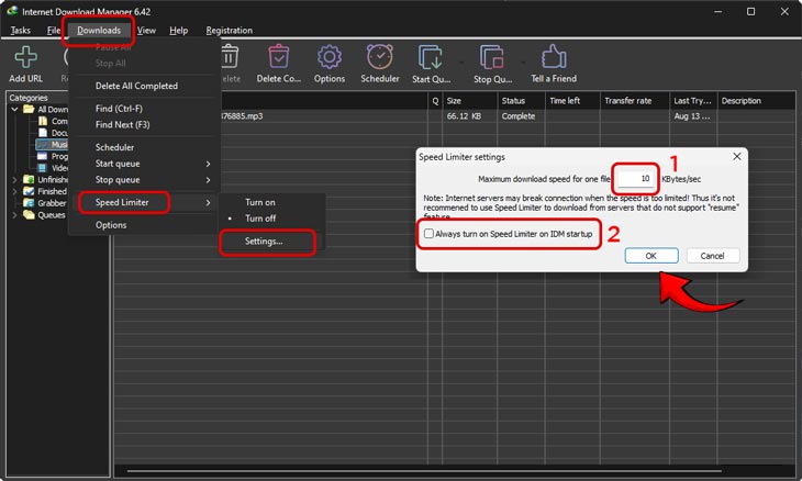 Pengaturan Speed Limiter pada aplikasi Internet Download Manager