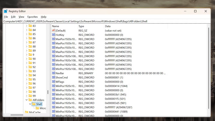 Tampilan jendela Registry Editor Windows 11 dengan navigasi alamat path menuju folder Shell Bags AllFolders.