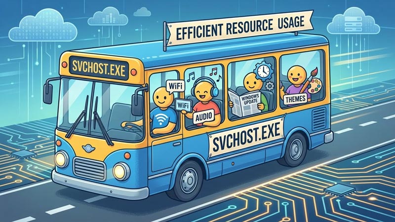 Ilustrasi svchost.exe sebagai bus pengangkut berbagai layanan Windows