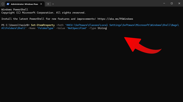 Eksekusi kode perintah PowerShell untuk mematikan Automatic Folder Type Discovery secara otomatis di Windows 11.
