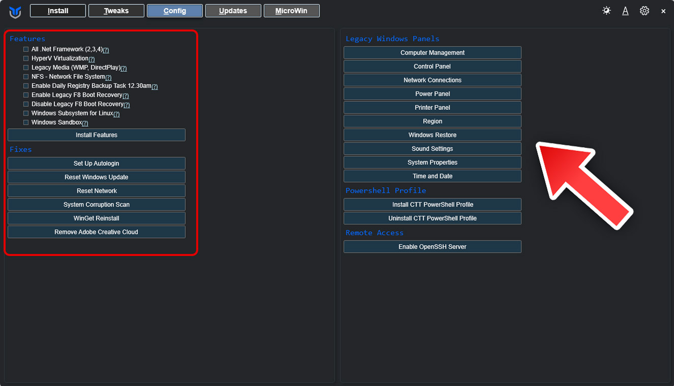 Menu Tab Config di Chris Titus Tool untuk mengatur fitur sistem dan fungsionalitas Windows.
