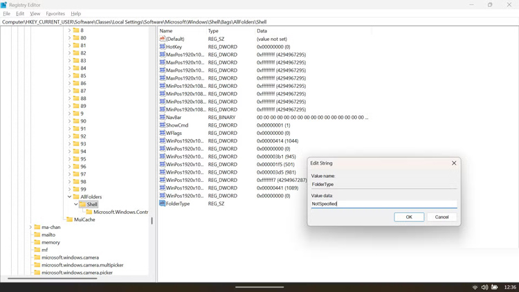 Cara membuat String Value baru bernama FolderType dengan data nilai NotSpecified di dalam Registry Editor untuk mempercepat Windows Explorer.