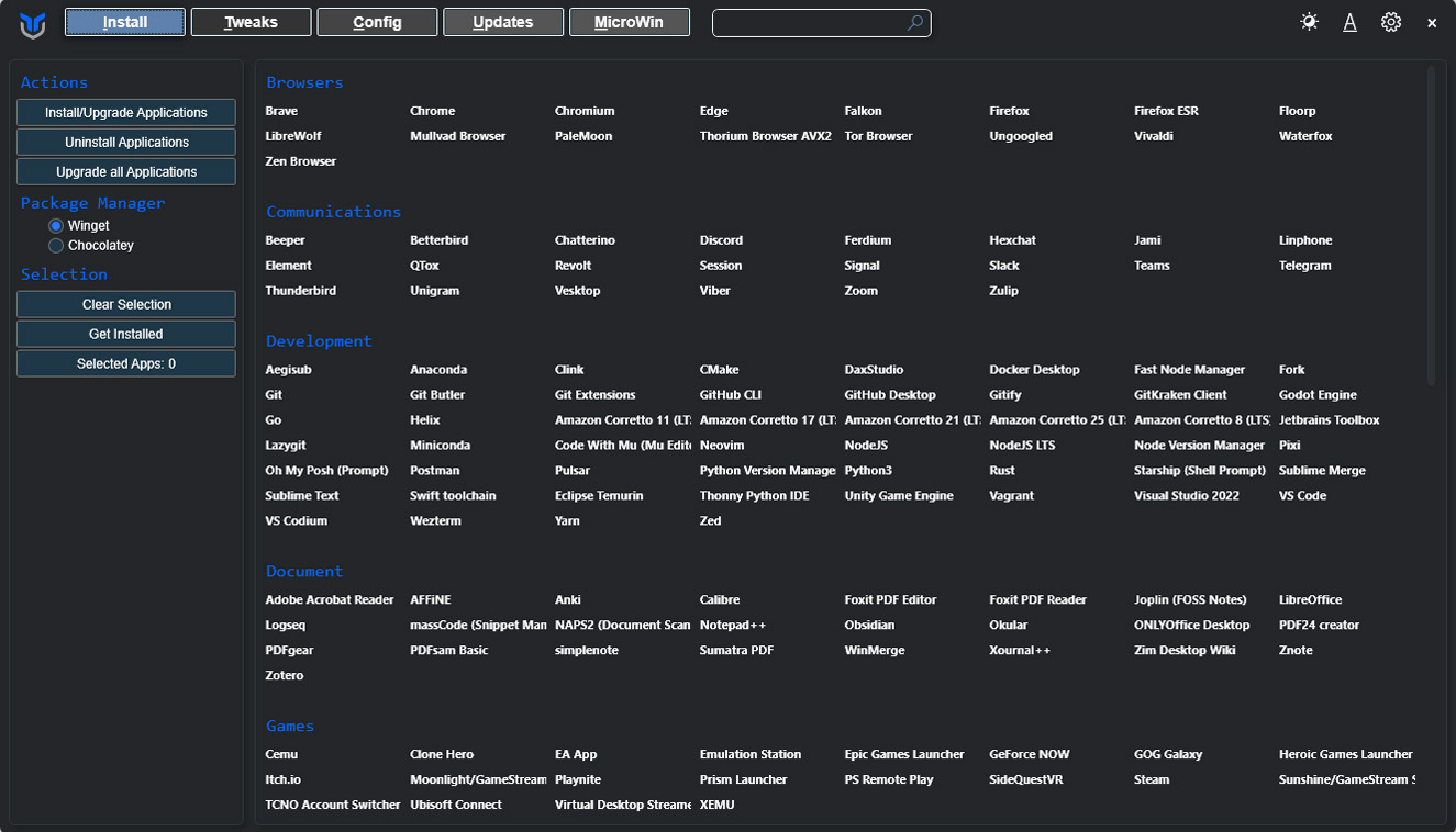 Tampilan antarmuka utama (Dashboard) Chris Titus Tech Windows Utility saat pertama kali dibuka