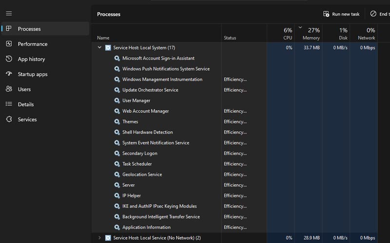 Tampilan daftar layanan di bawah proses Service Host pada Task Manager Windows 11