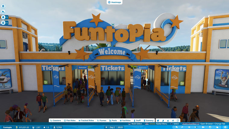 Planet Coaster 2 PC gameplay showing the Funtopia theme park entrance