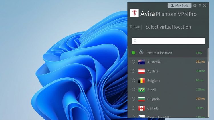 Avira Phantom VPN Pro Full Version interface showing server connection list