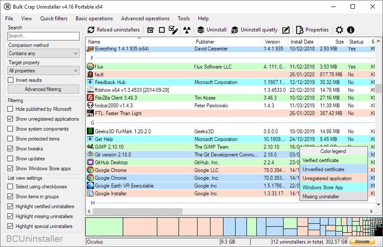 Bulk Crap Uninstaller v6.2 tampilan user interface dengan daftar aplikasi terinstall