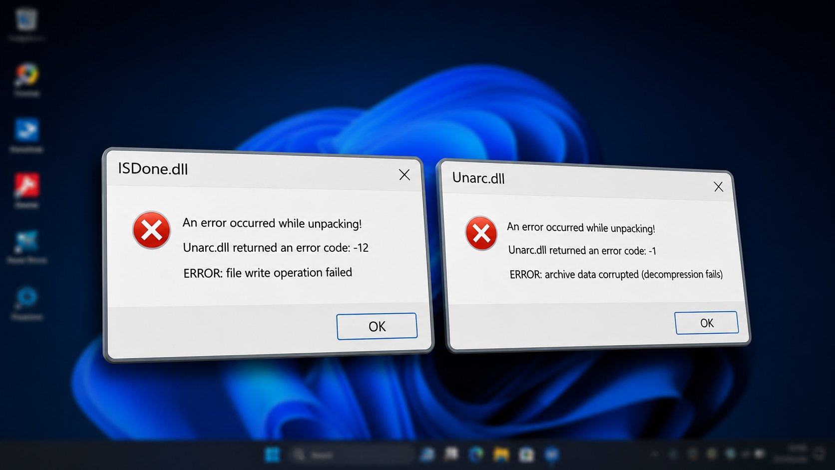 Tampilan notifikasi pop up error ketika muncul error Unarc.dll atau ISDone.dll di Windows