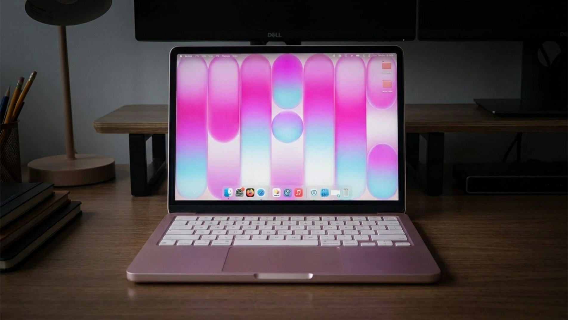 Tampilan MacBook Neo Warna Pink di Atas Meja Kantor Minimalis