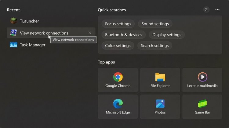 Mencari Network Connections Control Panel di Start Menu Windows