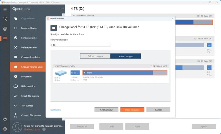 Paragon Hard Disk Manager Full Version user interface when changing drive label