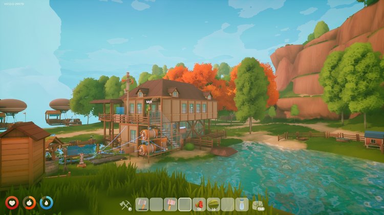 Solarpunk PC Game Free Download Gameplay membangun base rumah di pinggir danau